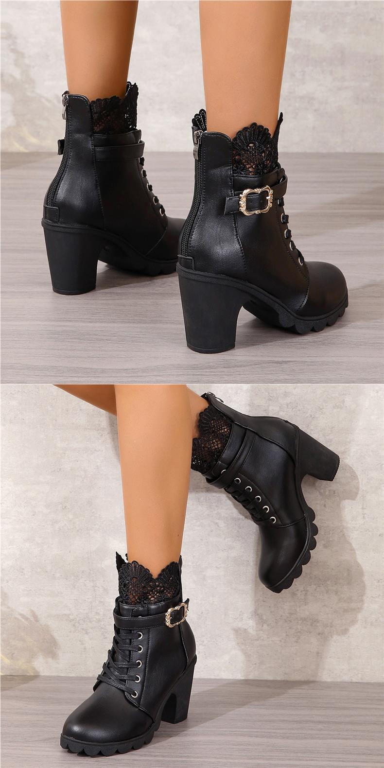 Short with belt buckles, high heels, round toe, lace straps, back zipper, thick soled women's boots_voghion.com
