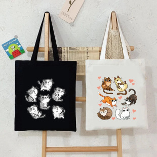 Cat Girl Canvas Handbag Printed Women's Reusable Shopping Bag Student Class Cartoon Tote Bag Women's Shoulder Bag