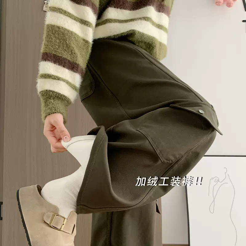 复古弯刀工装裤子女春秋新款高腰宽松阔腿裤设计感显瘦休闲直筒裤