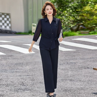 夏装妈妈气质显瘦套装中年洋气中袖时尚洋气新款中老年女装两件套