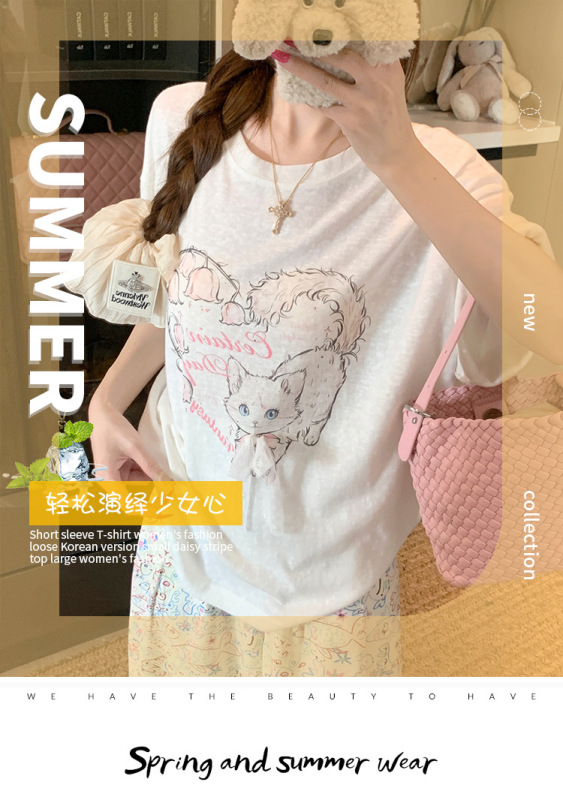 リアルショット 200 グラムスノーフレークリネン半袖 Tシャツ夏 2025 新しいリボンルーズラウンドネックトップ韓国スタイルの婦人服|undefined