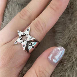 时尚复古设计感立体镂空五角星钻石别致小众银色星星开口戒指