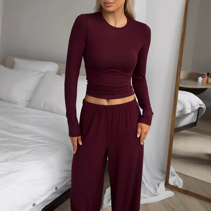 Cross-Border European and American Clothing Knitted Round Neck Long-Sleeved T-Shirt Wide-Leg Pants Suit Pure Color Casual Home Wear Russia