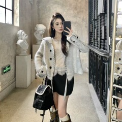 高级羊毛毛衣大翻领短款外套慵懒风针织开衫女
