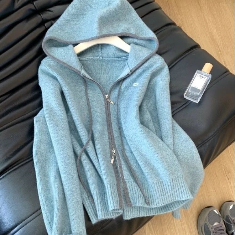 Blue and gray color-blocking design hooded knitted cardigan for women, autumn and winter, double zipper, loose and casual sweater coat