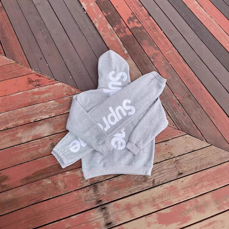 Cross-Border Supss23 Box Logo Embroidered Patch on the Back Casual Set with Fleece-Lined Pants and Loose Hooded Sweatshirt