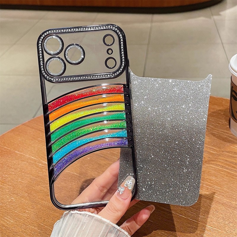 适用iPhone17promax立体流沙彩虹手机壳苹果16闪钻电镀全包保护套|undefined
