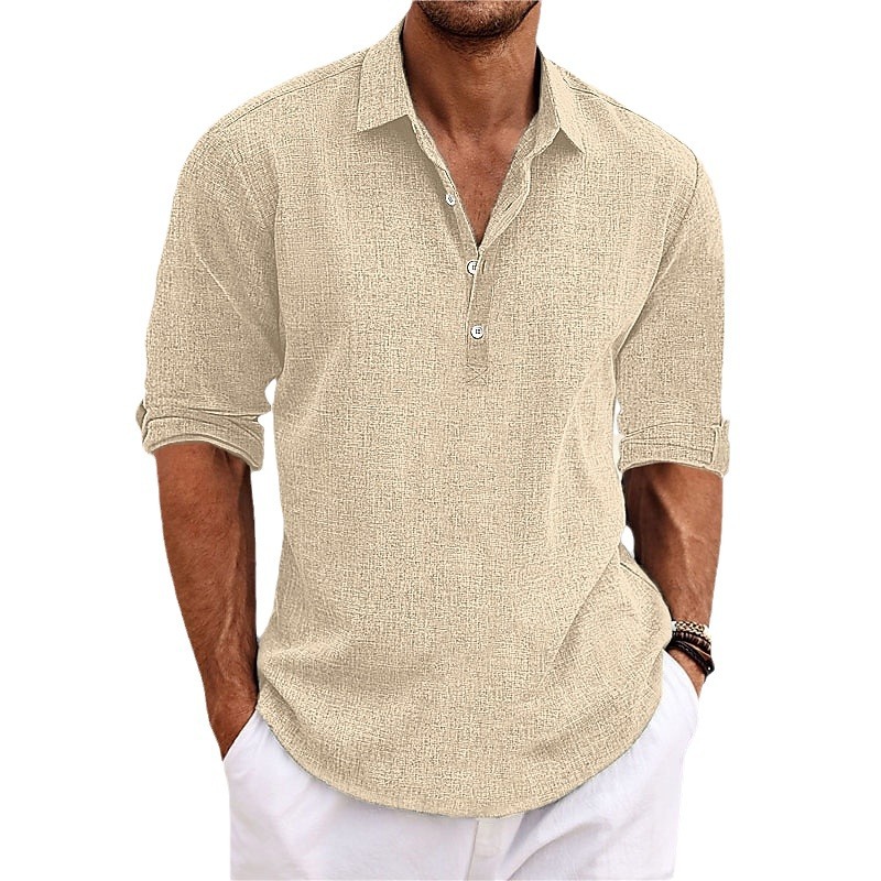 Abbigliamento da lavoro casual da uomo in cotone e lino con colletto risvoltato, tinta unita, taglie europee, maniche corte._voghion.com