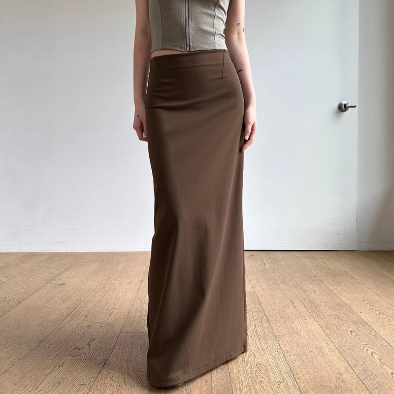 2025 American Retro Style One-Piece Hip-Covering Skirt for Women High-Waisted Pure Color Slim-Fitting Casual Slit Long Skirt