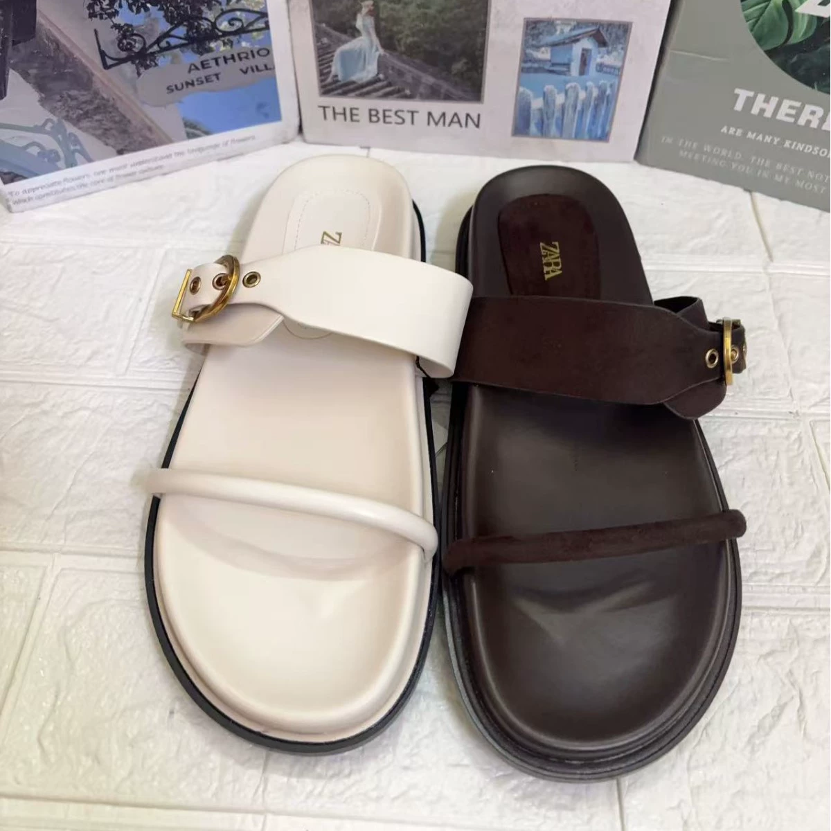 ZA2025, новые летние стильные коричневые, белые однотонные туфли на плоской подошве с открытым носком, повседневные сандалии в ленивом стиле, пляжные сандалии для отдыха