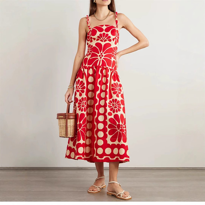 25 Spring and Summer European and American Independent Station Niche Vacation Style Goddess Temperament Sling Printed Large Swing Elegant Dress