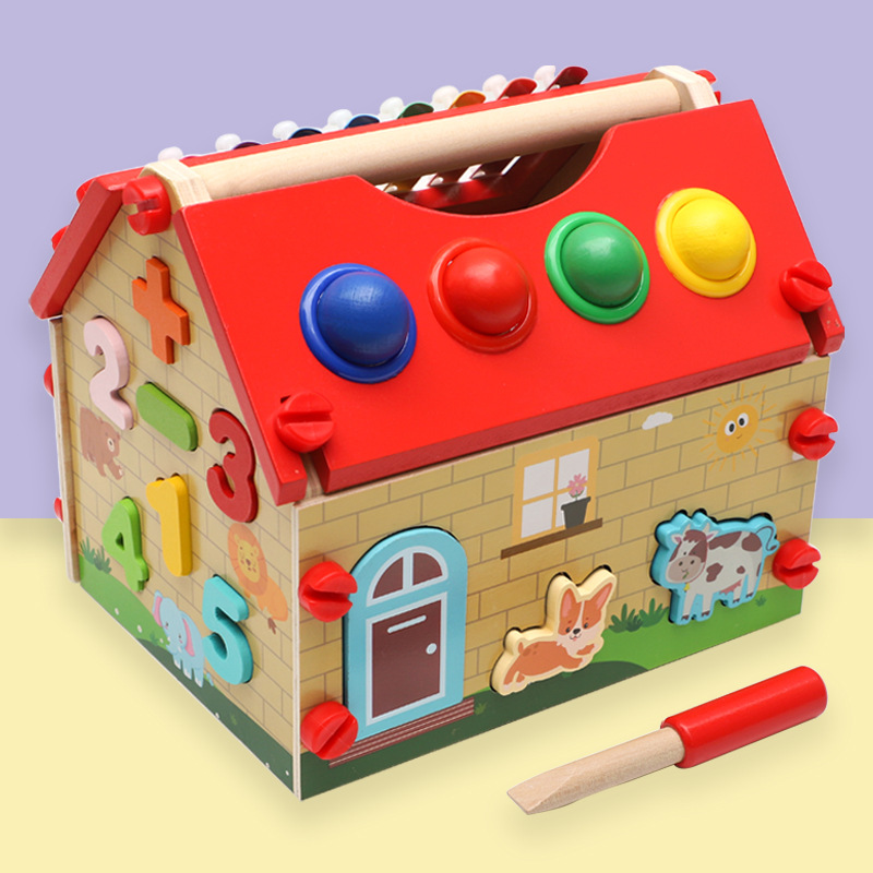 Educación temprana de los niños transfronterizos casa inteligente de madera forma digital a juego bloques de construcción cognitivos tuerca desmontaje casa juguetes educativos