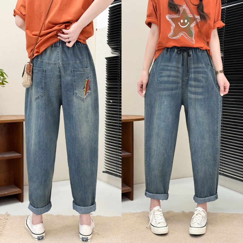 文学レトロ花刺繍ストレッチジーンズ女性の春夏の新しいルーズプラスサイズスリム多用途ハーレムパンツ|undefined