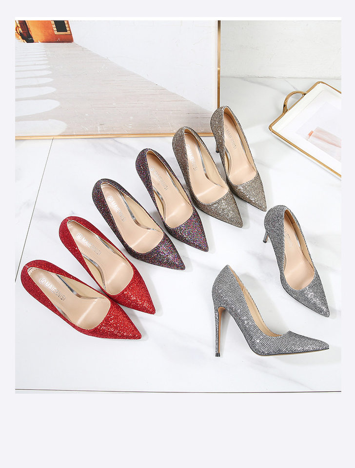 Giày cao gót nữ mũi nhọn gót siêu cao phủ sequins lấp lánh phong cách Âu Mỹ — Màu bạc, Màu sắc, Màu vàng, Màu đỏ chi tiết 27