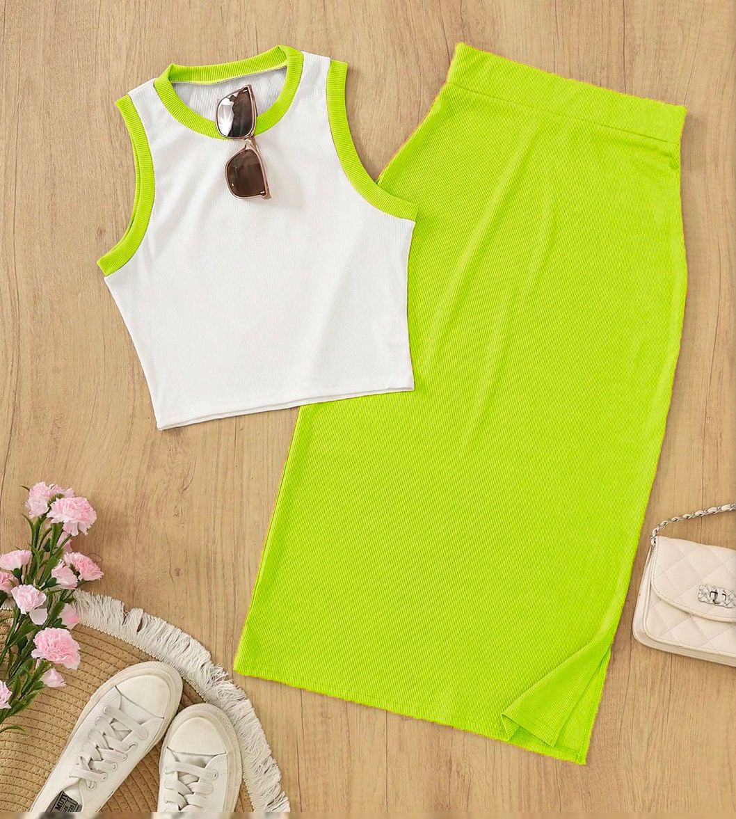 Blusa corta sin mangas de punto roscado para mujeres transfronterizas con traje de falda corta casual y elegante juego de dos piezas