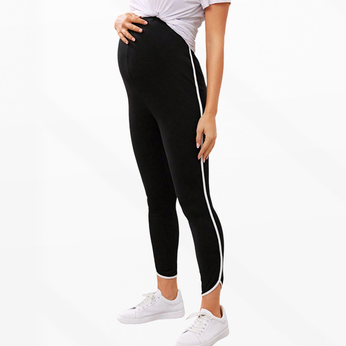 Cross-border color-block high-waisted maternity leggings, hip-lifting, stretchy belly-supporting yoga cropped maternity wear, maternity pants for pregnancy.