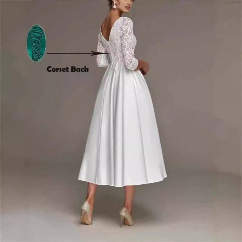 2025 nuevo vestido de novia europeo y americano en V profundo vestido de Amazon manga color sólido moda encaje novia boda primavera