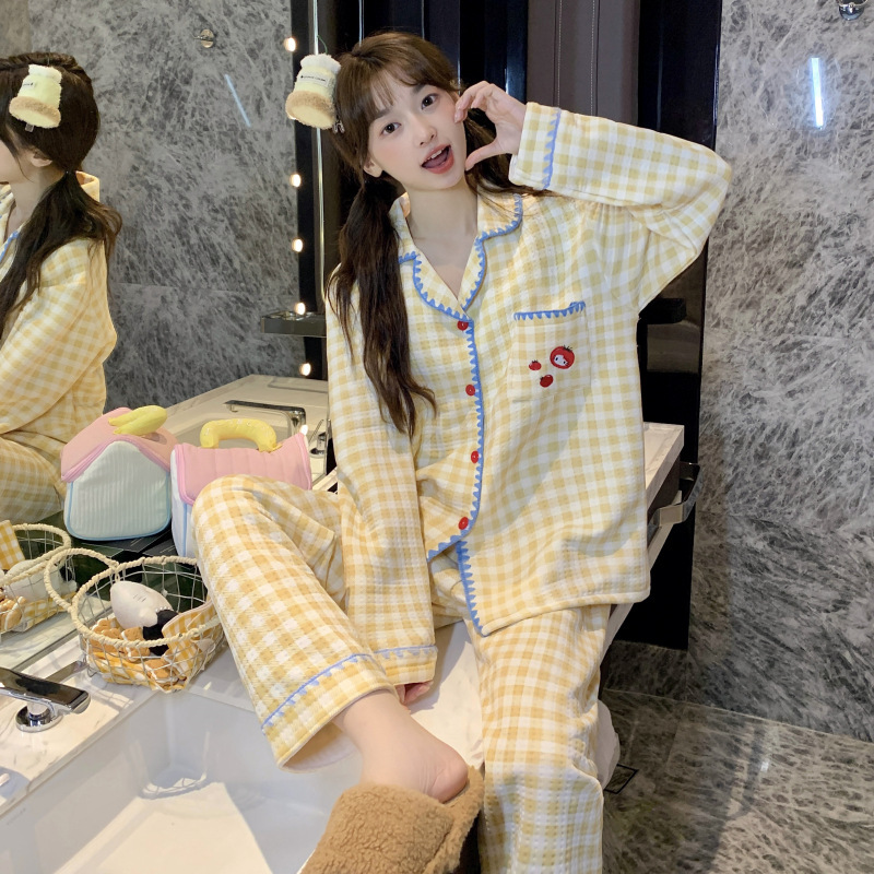 Pajamas Autumn and Winter New Pajamas Women's Air Interlayer Cardigan Girls Cute Cartoon Print Home Clothes Set