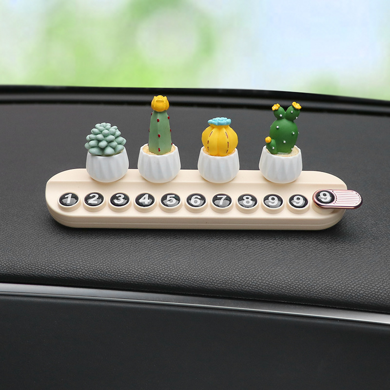 Suculentas plantas en macetas, placas de matrícula de estacionamiento temporal, teléfonos de automóviles, placas de matrícula en movimiento, tarjetas de transferencia de automóviles, adornos de accesorios se pueden ocultar