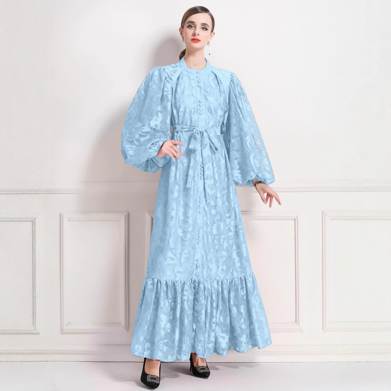 Round Neck Lantern Sleeves, Elegant Women's Long Skirt with Ruffled Hem Design, Luxurious Lace Dress Plus Length