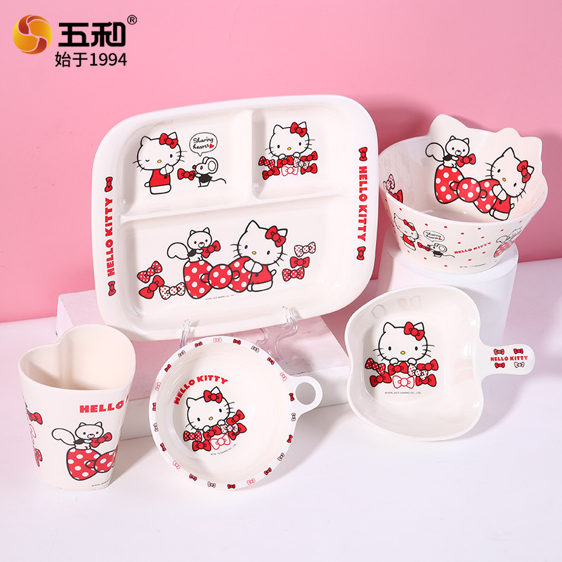 Wuhe rojo Kitty melamina cubiertos Sanrio auténtico anti-caída anti-escaldado creativo de dibujos animados para niños plato tazas de agua