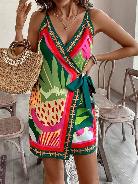 2025 Foreign Trade Cross-Border Summer Tropical Print Sleeveless Spaghetti Strap Lace-Up European and American Dress Women's Clothing