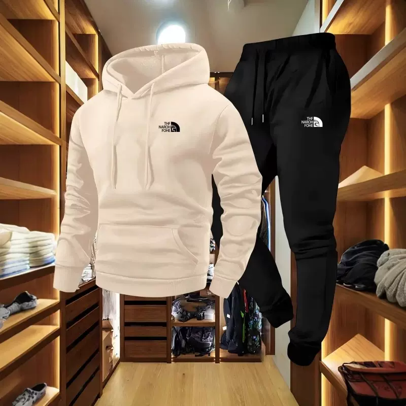 跨境男士秋冬热卖款图案休闲两件套连帽加绒卫衣套装户外运动套装