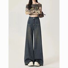 水泥灰复古高腰阔腿牛仔裤女秋季新款大码胖mm宽松垂感直筒拖地裤