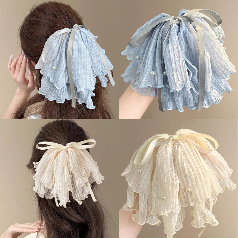 女性用フレンチメッシュリボンパールクリップ、後頭部にハイエンドのポニーテールヘアクリップ、半分結ばれた髪のシャーククリップヘッドバンド|undefined