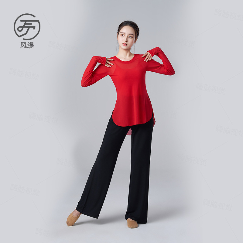 Fengti classical folk dance practice clothes, modern body dance sleeves, long-sleeved gauze clothes, slim straight stretch trousers