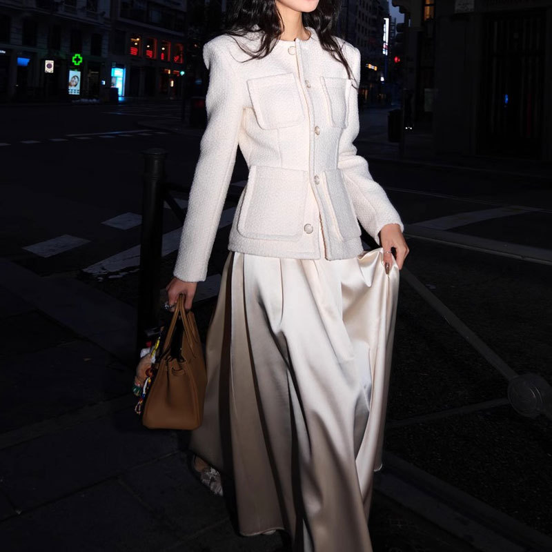 Light Luxury Socialite Style Off-White Chanel-Inspired Set: Round-Neck Tweed Short Jacket and Satin Flared Long Skirt