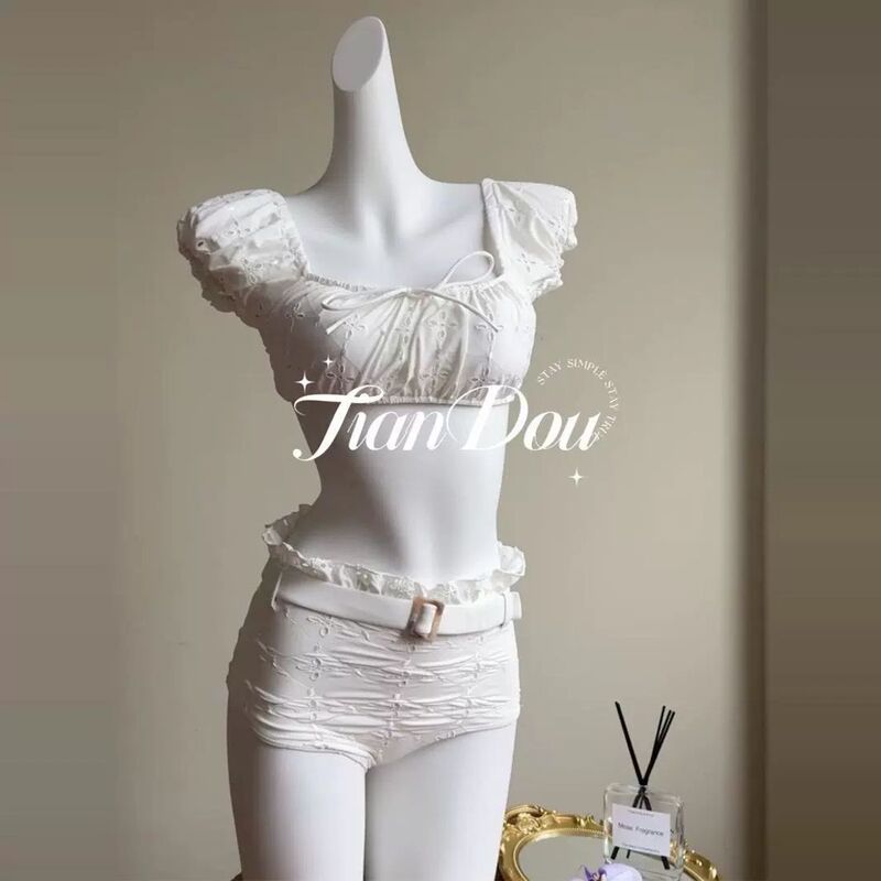 [Roman Holiday] White Lace Pure Desire High-Quality Split Swimsuit Vacation Hot Spring Beach Bikini for Women