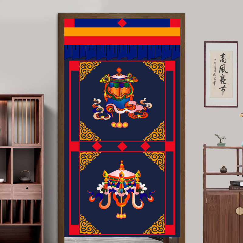 Custom Xizang Fabric Auspicious Eight Treasures Ten-phase Free Door Curtain Bedroom Room Partition Curtain Background Cloth Punch-free