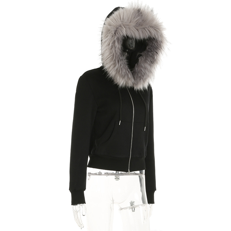 Street Retro Hooded Furry Splicing Coat Winter Slim Fit Warm Double Headed Zipper Cardigan Sweatshirt