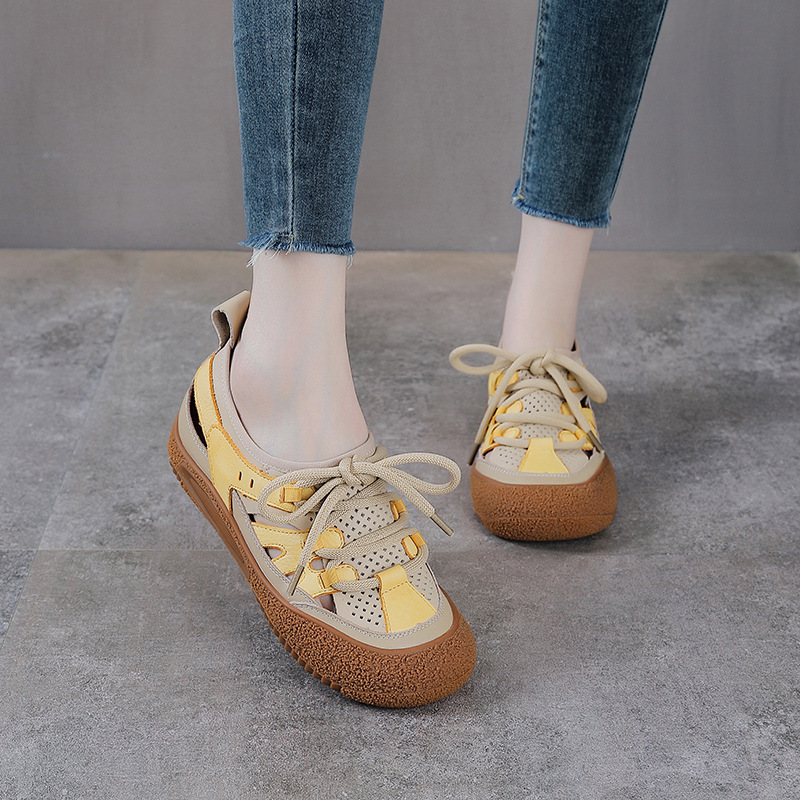 Sandal nữ da bò thật đục lỗ phong cách cổ điển buộc dây — màu vàng