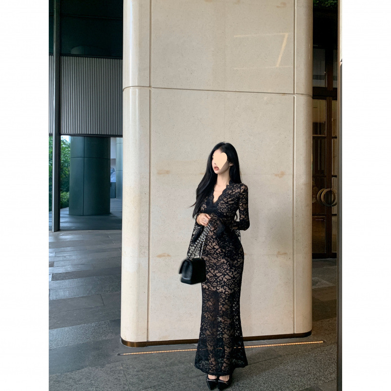 蕾丝连衣裙领法式气质显身材长裙包臀裙修身收腰裙子|undefined