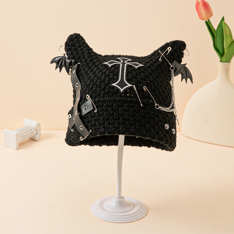 Cross-Border Japanese Subculture Punk Cat Ear Hat Cross Star Knit Hat Niche Dark Chain Knit Hat
