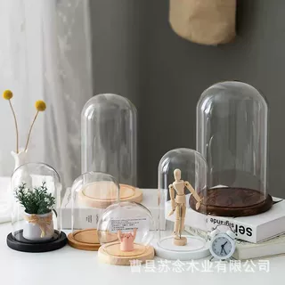 现代简约款实木永生花底座创意木质玻璃罩装饰底座木质工艺品摆件