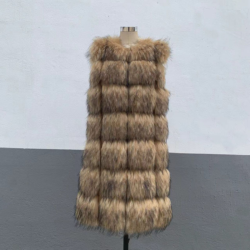 Abbigliamento donna gilet caldo pelliccia di procione gilet lungo e sottile con cuciture_voghion.com