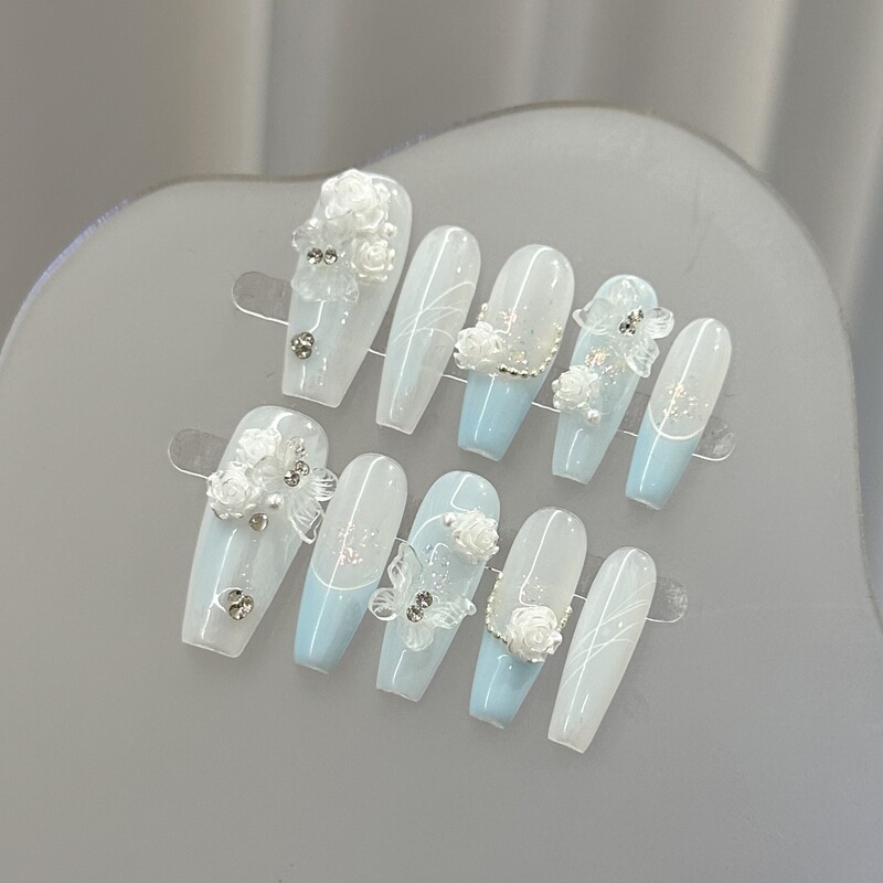 Purely Handmade Wearable Nails, High-end Sky Blue French Manicure, Removable Transparent Butterfly Camellia Fake Nails