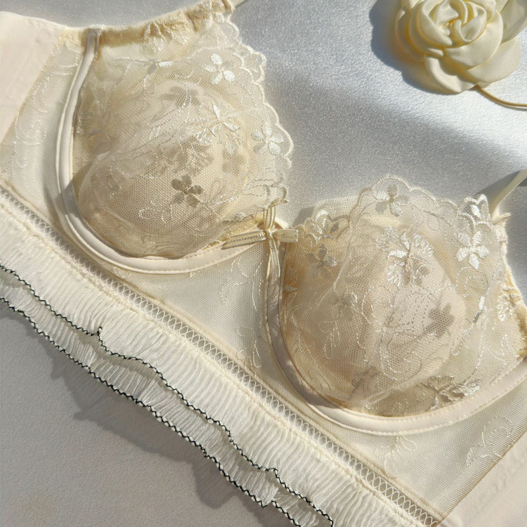 6863 Estilo de corte francés Conjunto de ropa interior de encaje bordado sexy Sujetador de pecho lateral de pecho pequeño femenino ultrafino y transpirable