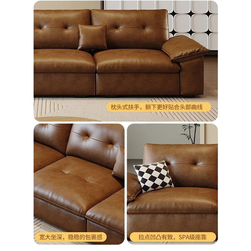 Sofá de cuero de cera retro americano para la sala de estar 2024 nuevo sofá de cuero de tres personas estilo medieval en línea pequeña casa