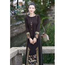 实拍民族风新中式撞色刺绣显瘦百搭体恤复古休闲打底衫长袖