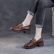 2023年新款头层牛皮真皮乐福鞋高跟单鞋女粗跟增高厚底松糕小皮鞋