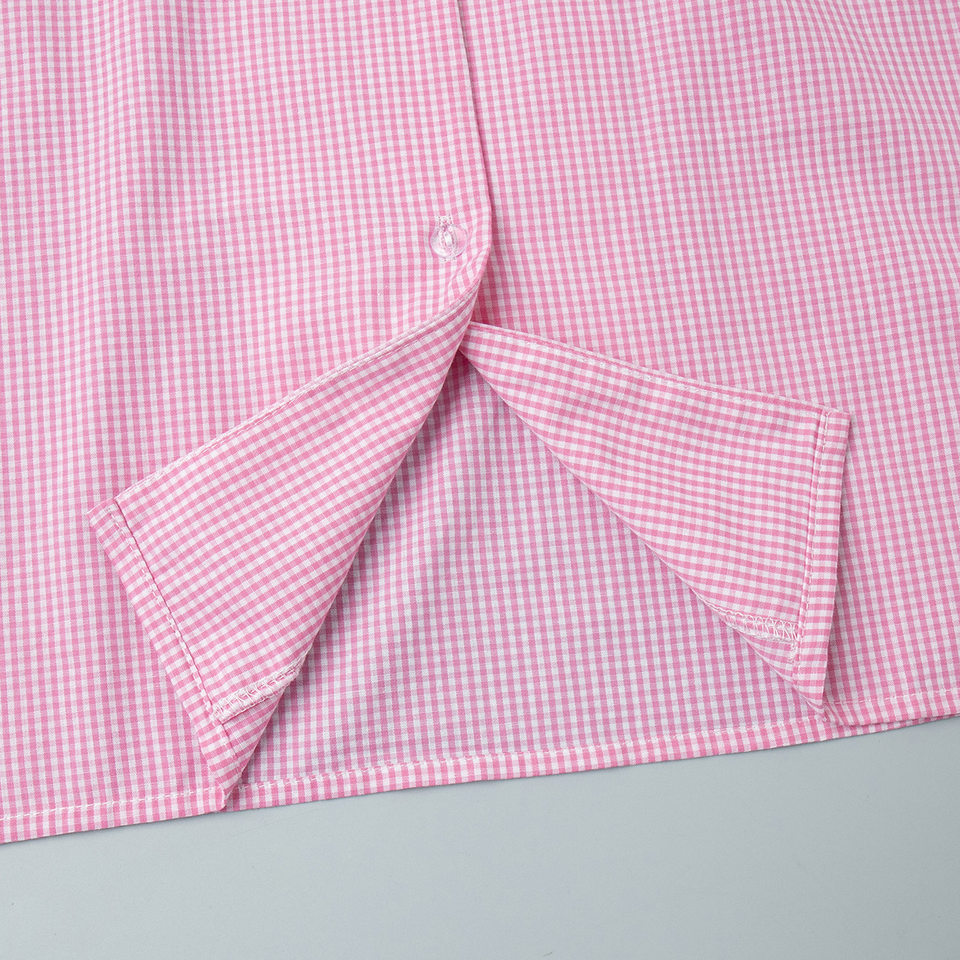 Bộ đôi áo sơ mi tay dài bèo nhún và quần dài kẻ caro cotton — hồng chi tiết 11