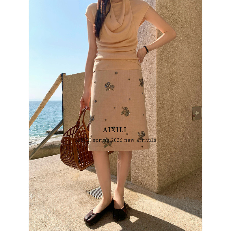 Aixili - Early Spring Elegant and High-End Fashionable Heavy-Duty Floral Beading Design Skirt A2010