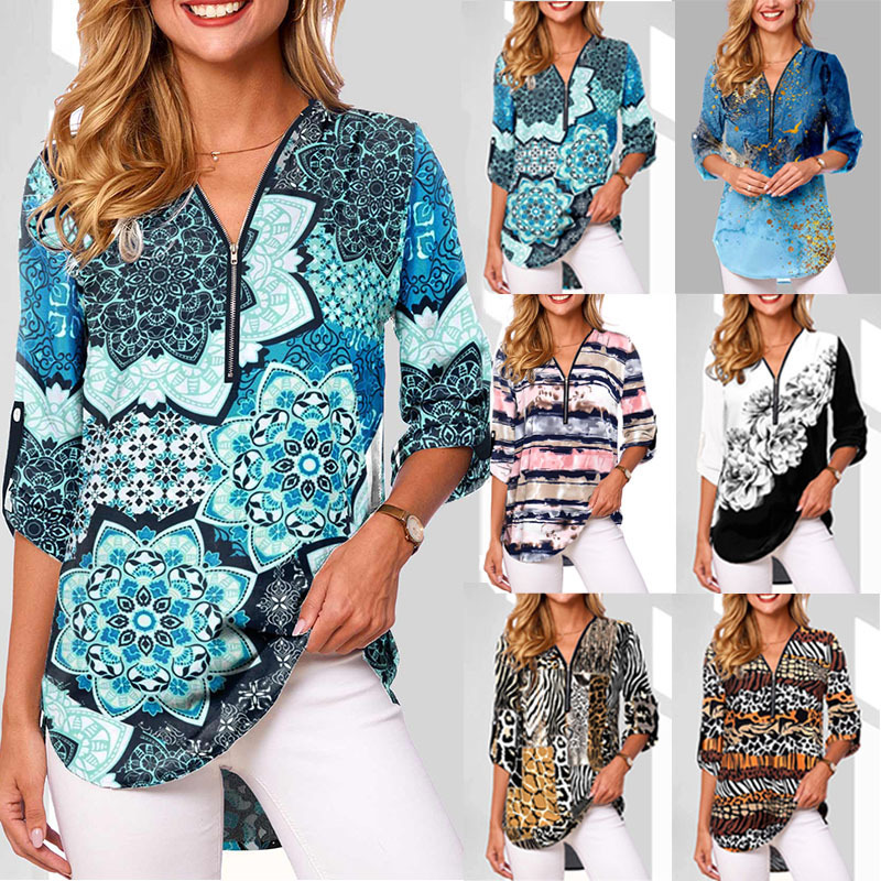 Ebay AliExpress European and American Explosions V-neck Zipper plus size Women's Long Sleeve Sleeve Loose Shirt
