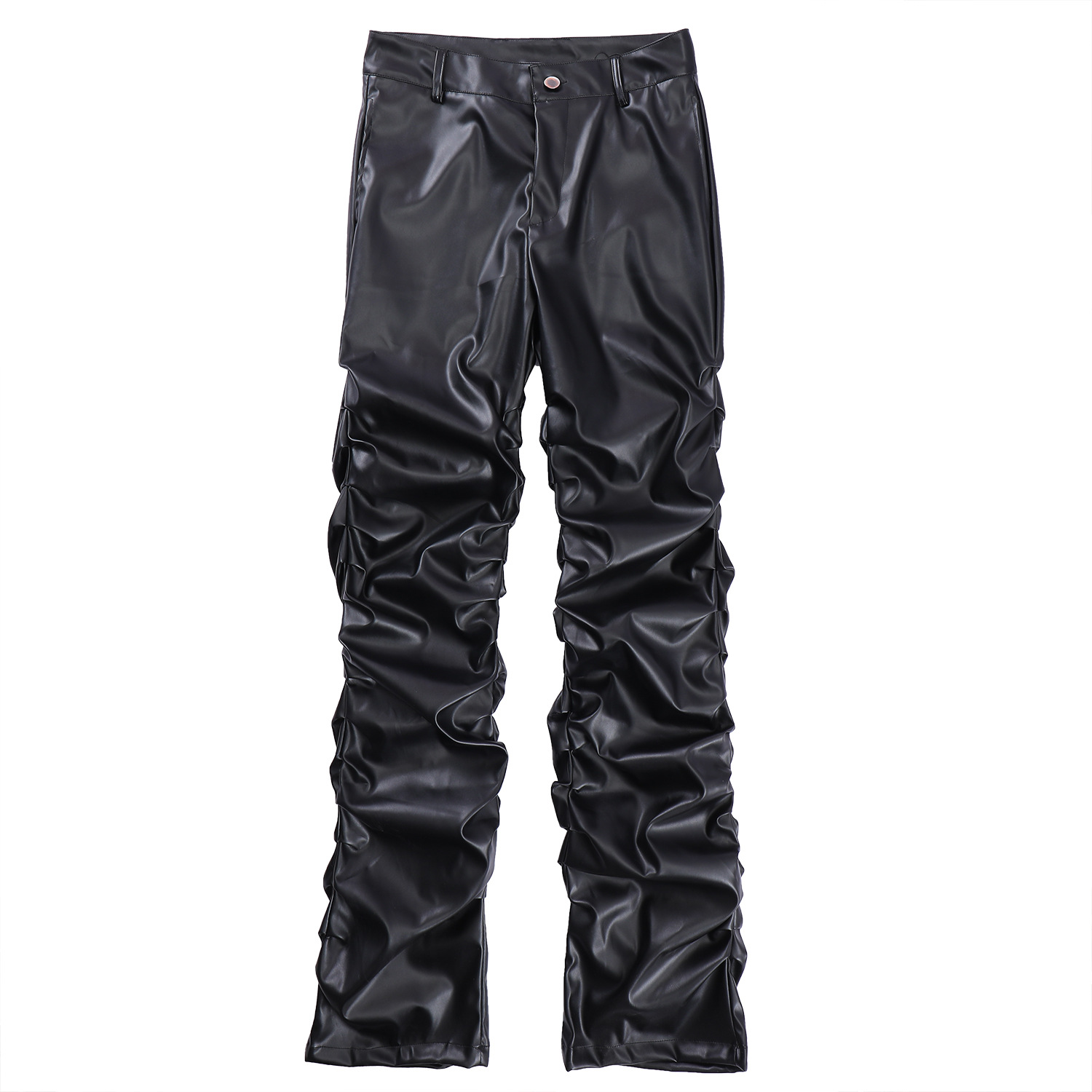 Pantalon en cuir PU d'inspiration punk pour homme - Coupe skinny style moto avec plis subtils, pantalon long slim taille haute (noir, S-XL)_voghion.com