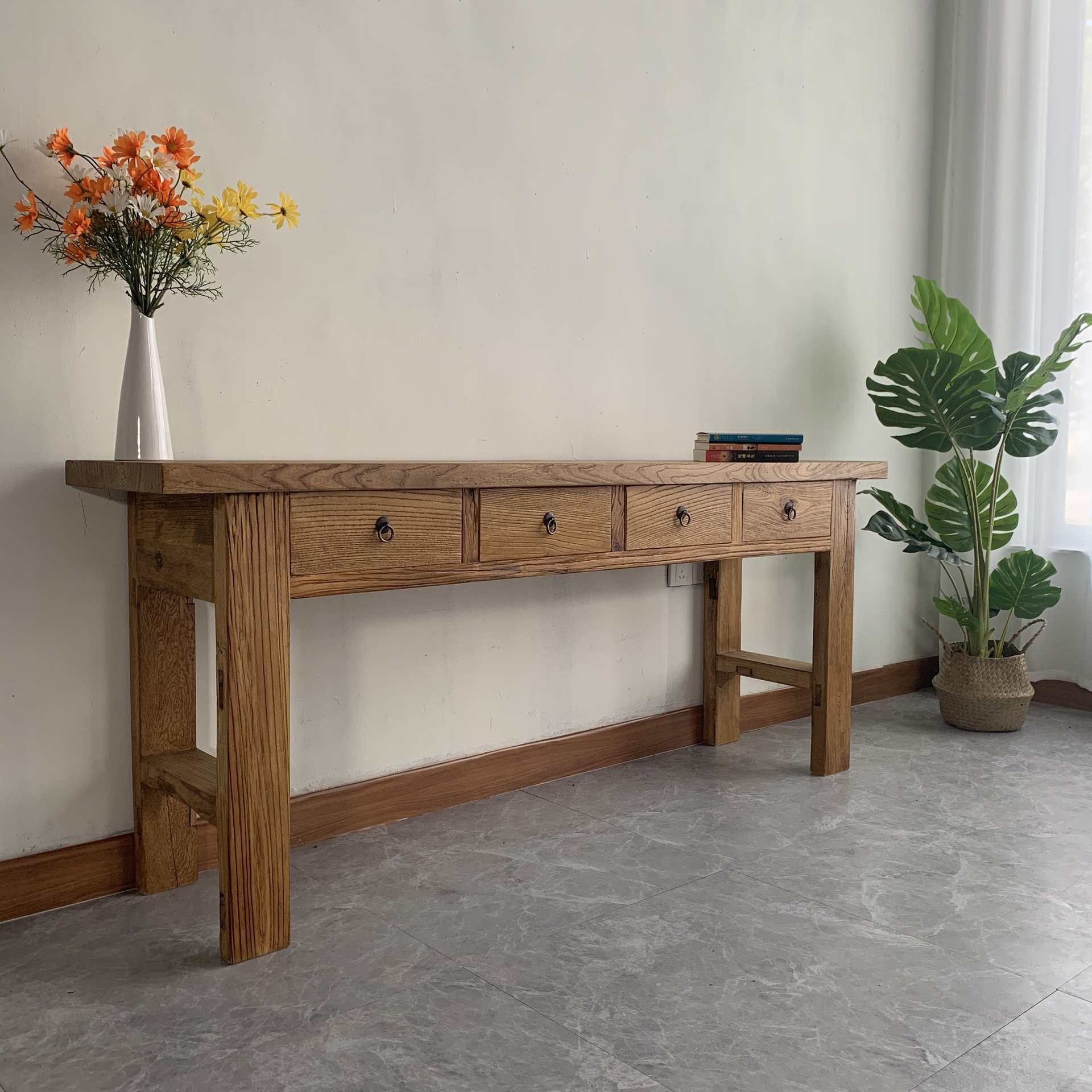 Old Elm Console Table with Weathered Door Panel, Solid Wood Table with Drawers, Zen-Style Ornament, Buddha Table Offering Table