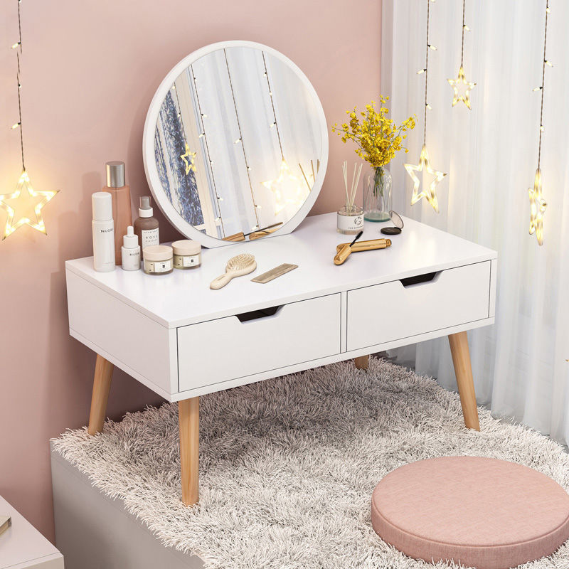 Small Simple Dressing Table for Rental Apartments, Nordic Style Vanity Table with Integrated Mirror for Small Bedrooms